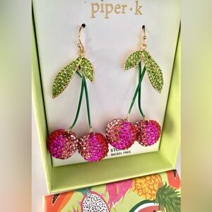 Cherry Rhinestone Earrings Drop Dangle Style Fruit Jewelry Summer Design